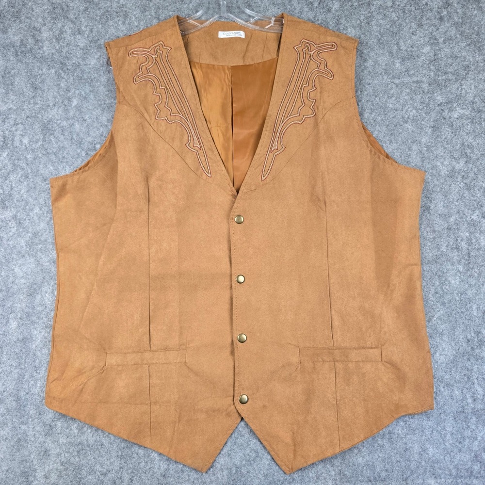 COOFANDY Western Vest Mens XXL Tan Faux Suede Embroidered Snap Front Cowboy